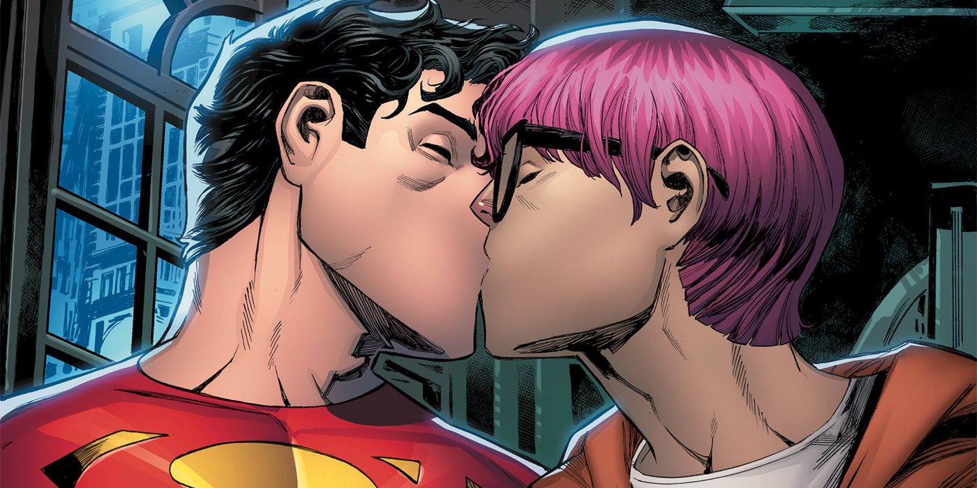 Jonathan Kent's Superman kissing Jay Nakamura in DC comics.