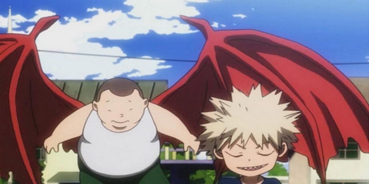 Young Bakugo and Tsubasa stand side by side to taunt Midoriya in My Hero Academia.