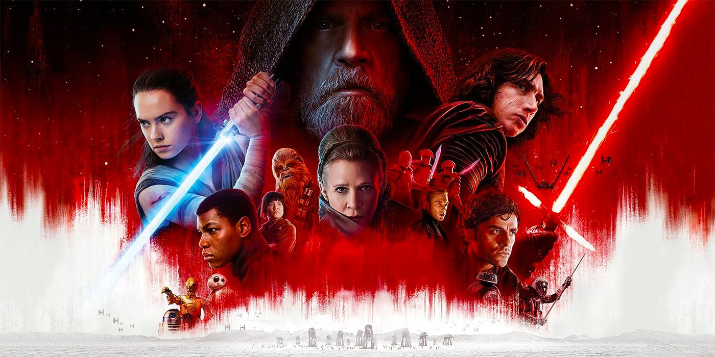 Star Wars: The Last Jedi poster featuring Mark Hamill, Carrie Fisher and Adam Driver