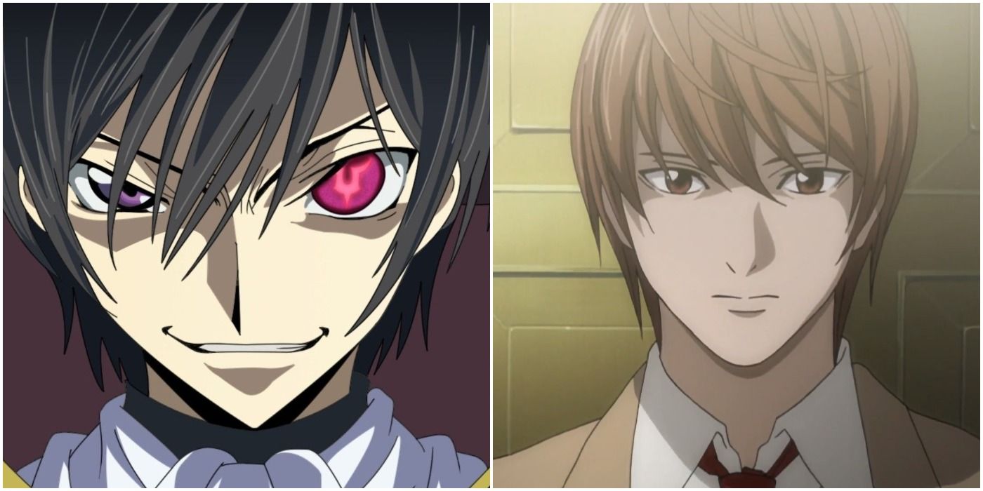 Lelouch with wicked grin (left); Light Yagami frowning (right)