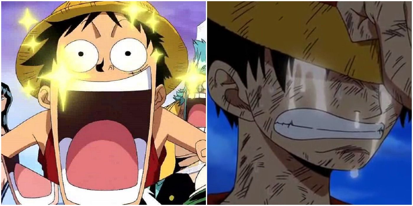 luffy from one piece looking excited next to a photo of him crying