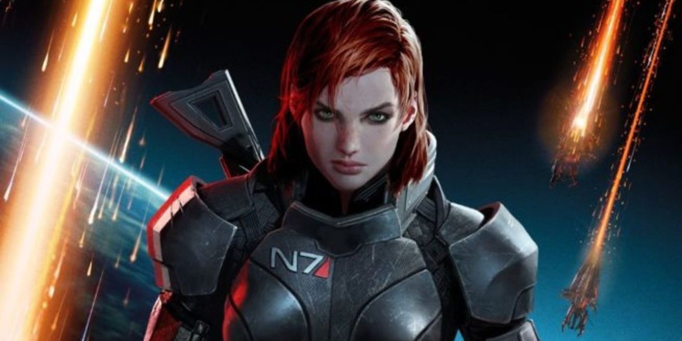 Mass Effect: A mid-range shot of the Female Shepard standing in space as ships leave fiery trails in the background.