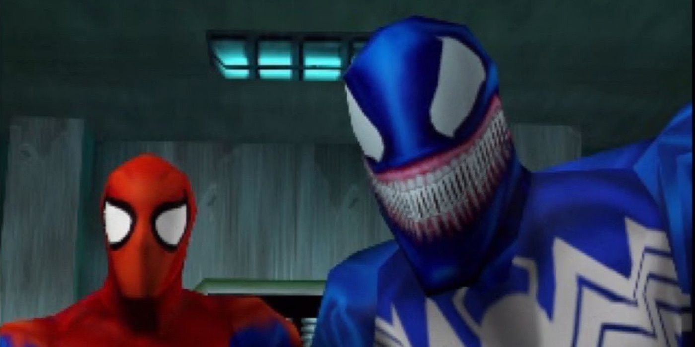 venom spider-man 2000 video game grinning with spider-man