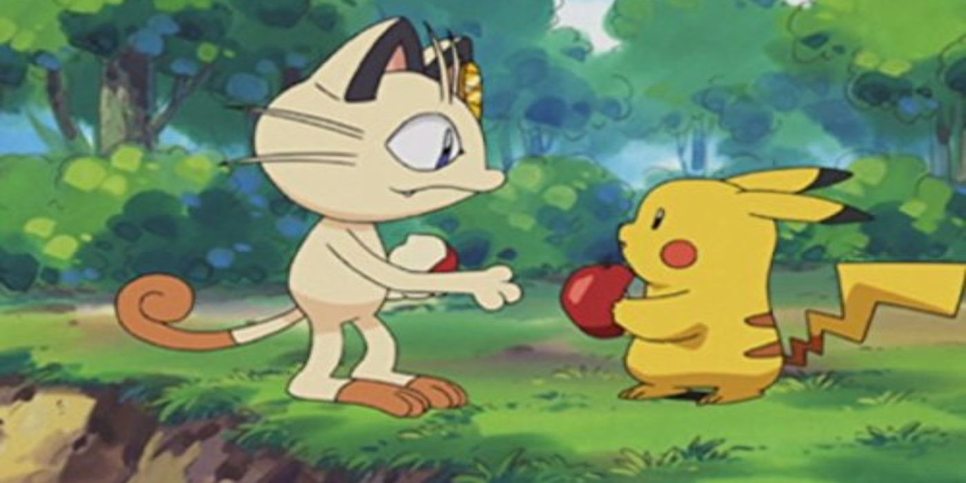 Meowth sharing an apple with Pikachu