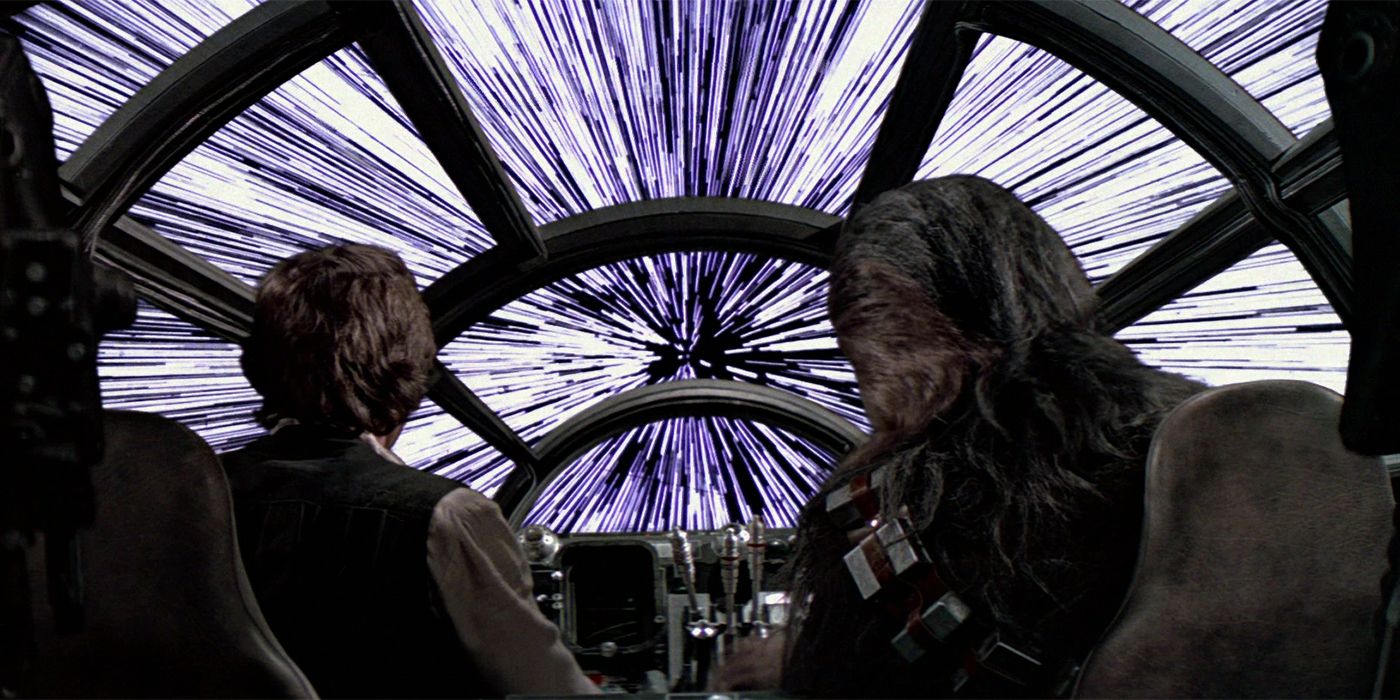 The Millennium Falcon jumps to lightspeed in Star Wars