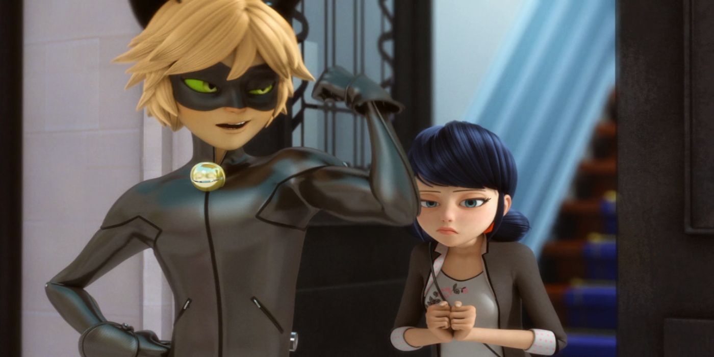 Cat Noir flexing his muscles in front of Marinette in Miraculous Ladybug