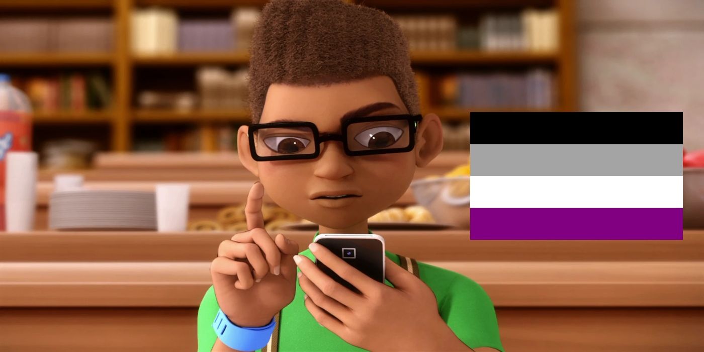 Max Kanté using a phone on Miraculous Ladybug with an asexual flag