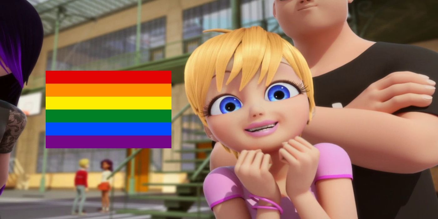 Rose Lavillant looking excited in Miraculous Ladybug with an LGBTQ flag