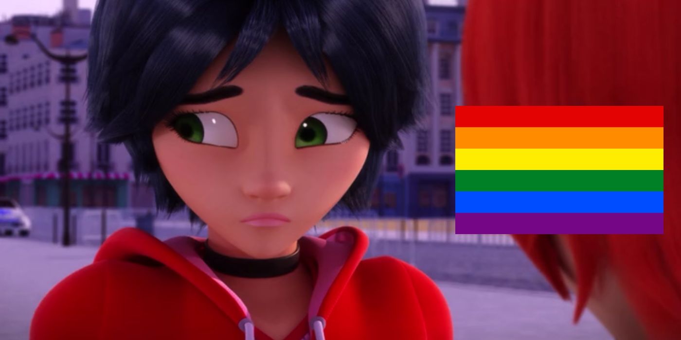 Marc Anciel looks worried in Miraculous Ladybug with a LGBTQ+ flag