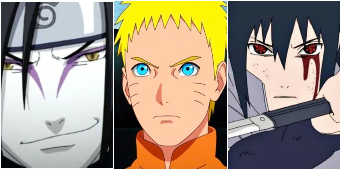 Orochimaru smiling, Naruto frowning, Sasuke bleeding eye