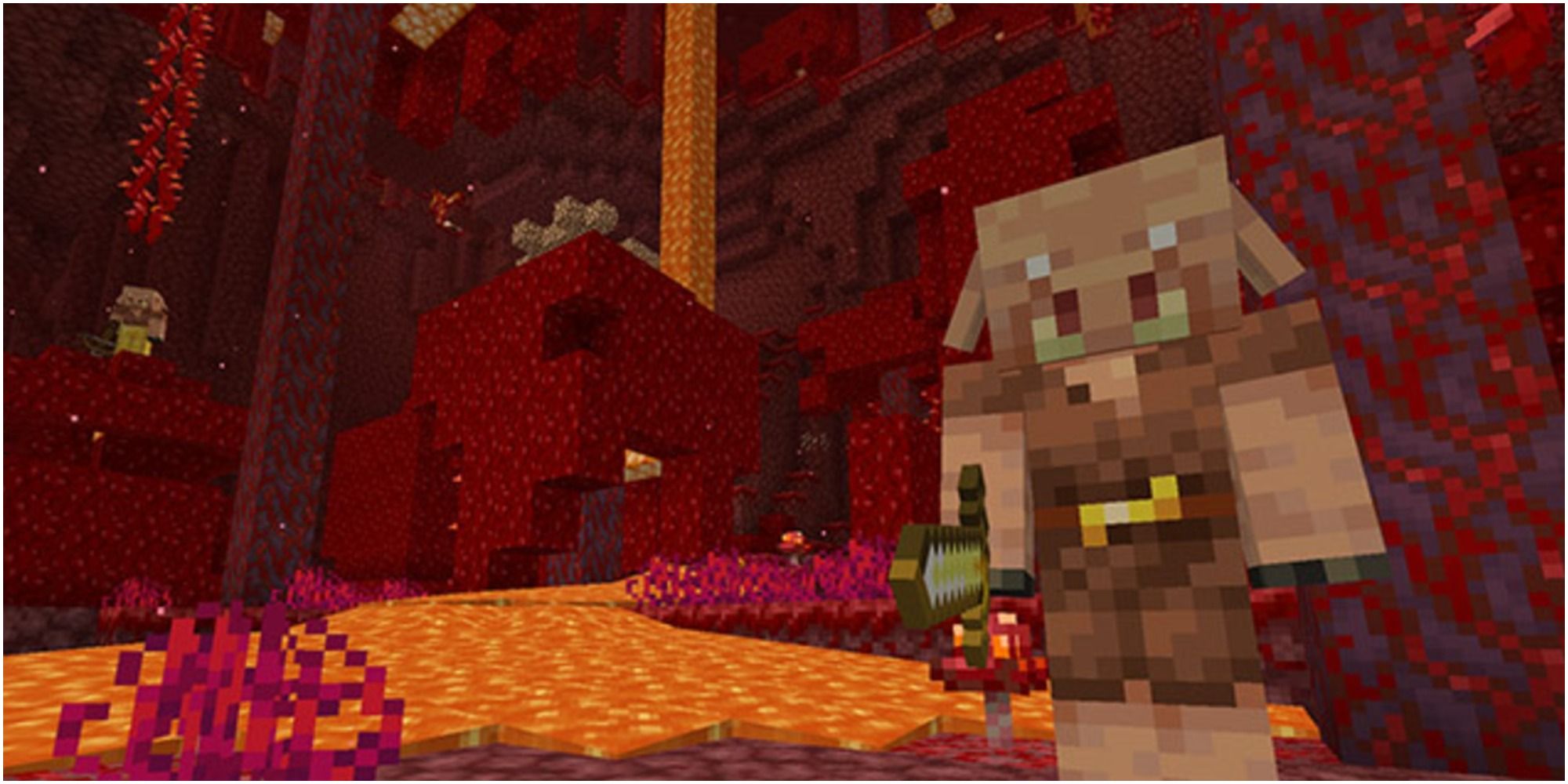 a pig from the nether in front of a lava waterfall