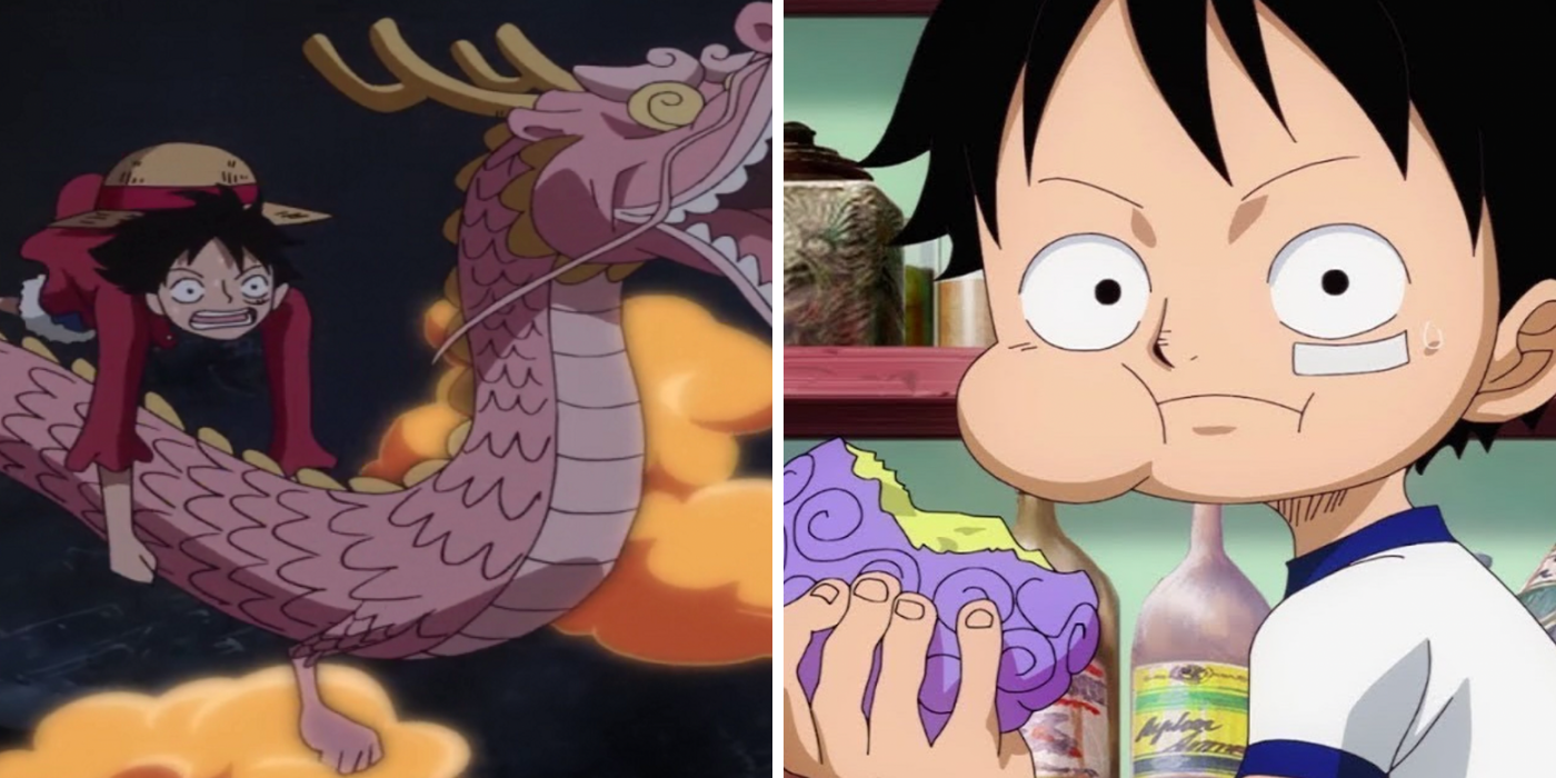 Luffy riding a dragon & eating a Devil Fruit