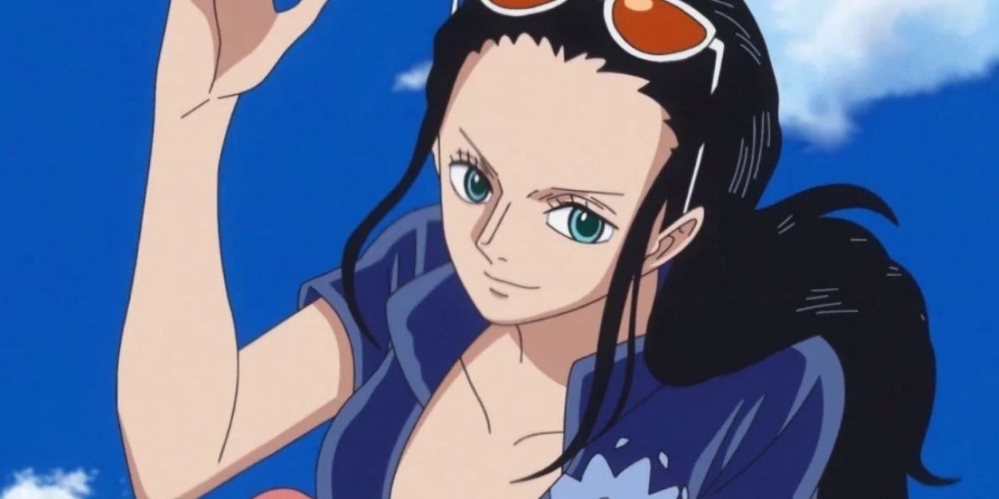 Nico Robin grinning as she waves in One Piece.