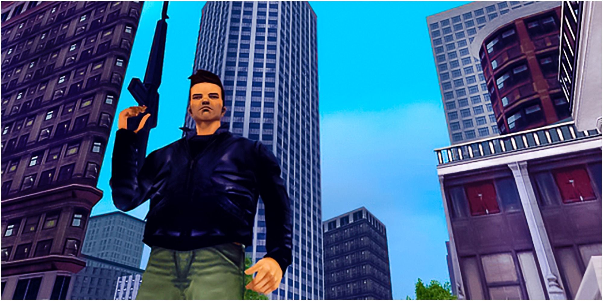 main character holding a gun in the city