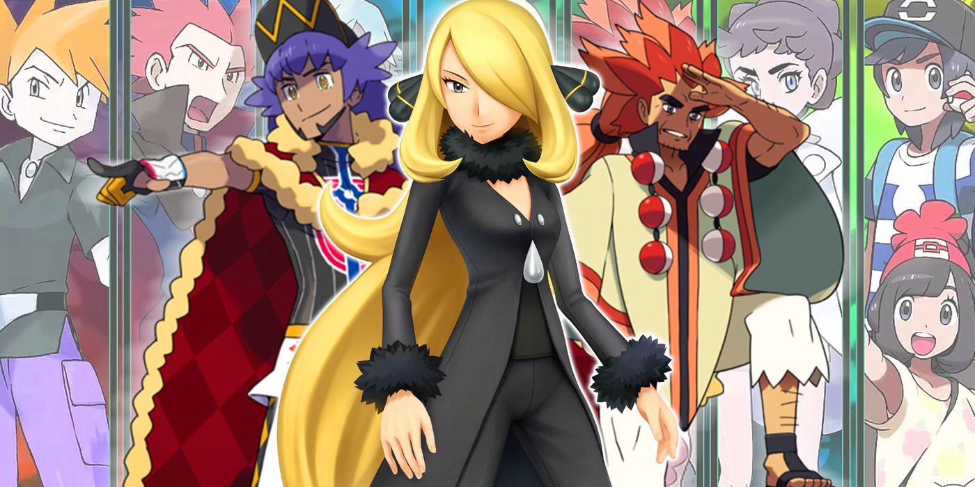 Various Champions from across the Pokémon series including Cynthia, Alder and Leon in the center.