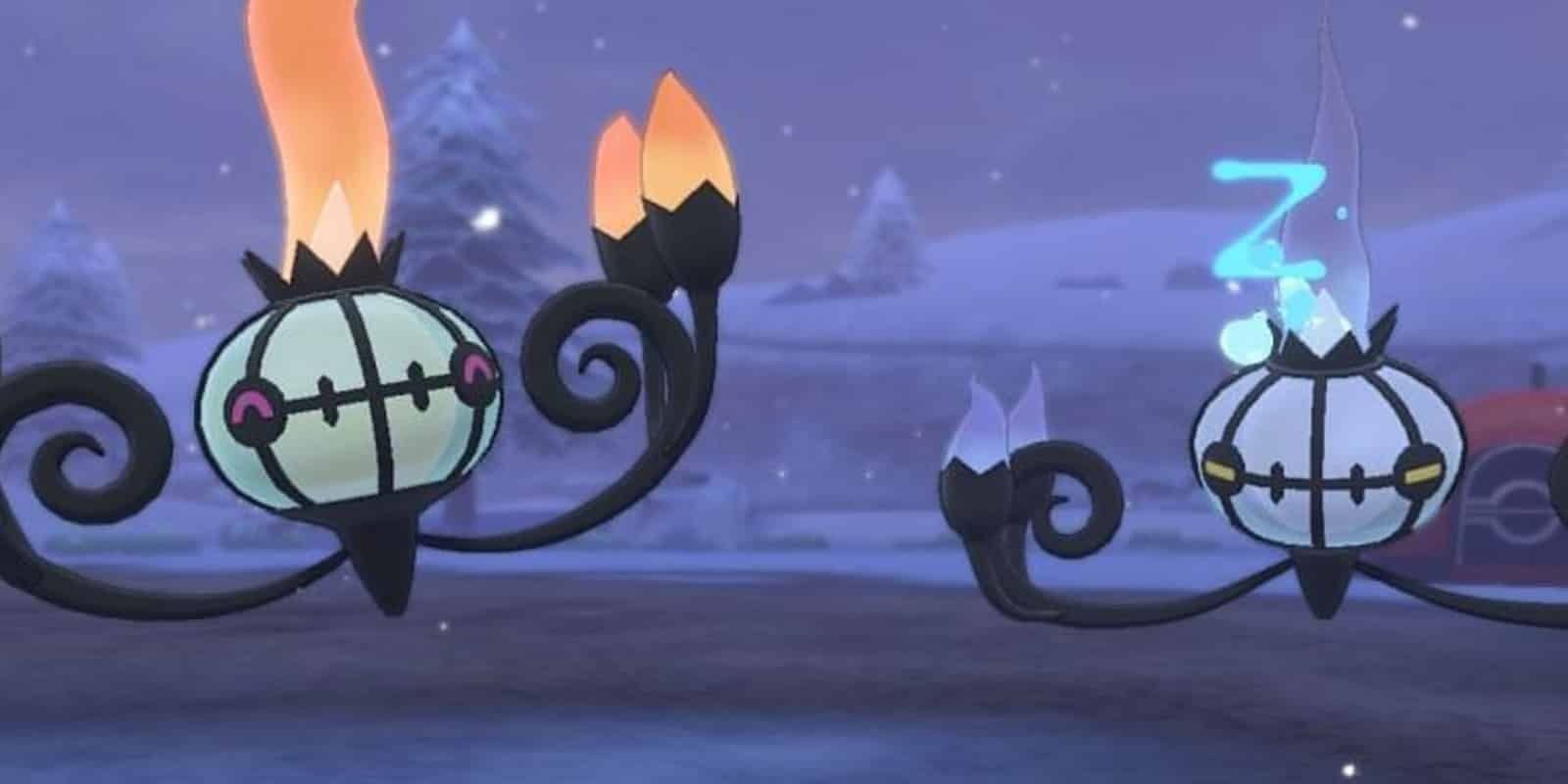 A Shiny and regular Chandelure together in Pokémon on Nintendo Switch.