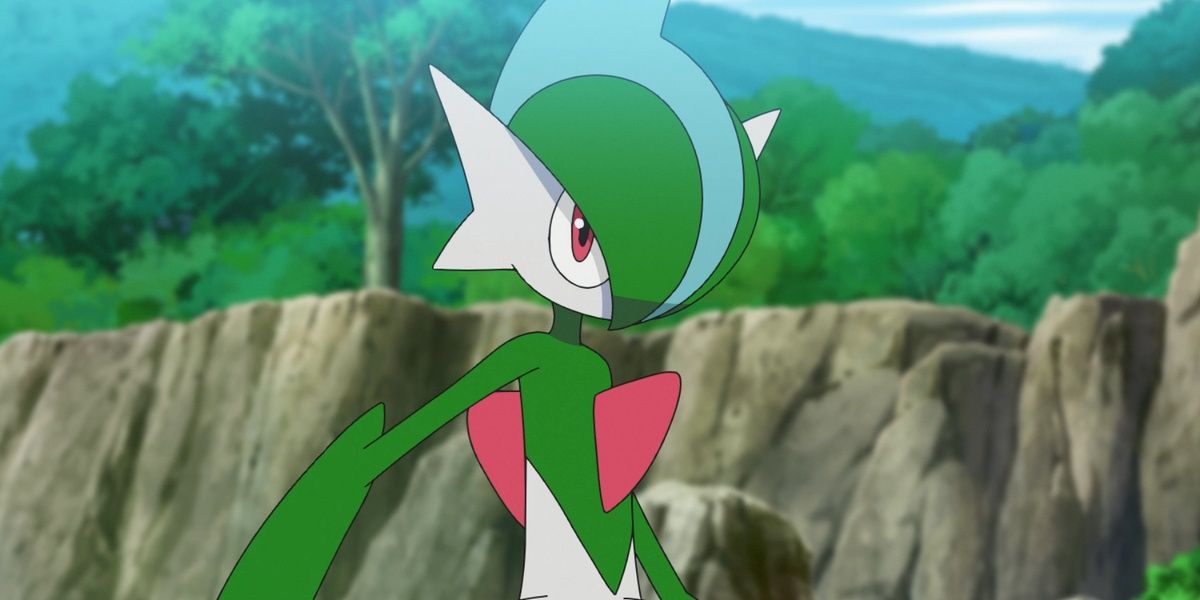 pokemon gallade in front of a bluff
