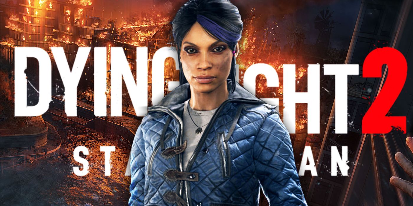 Rosario Dawson's character in Dying Light 2: Stay Human posed over the game's logo