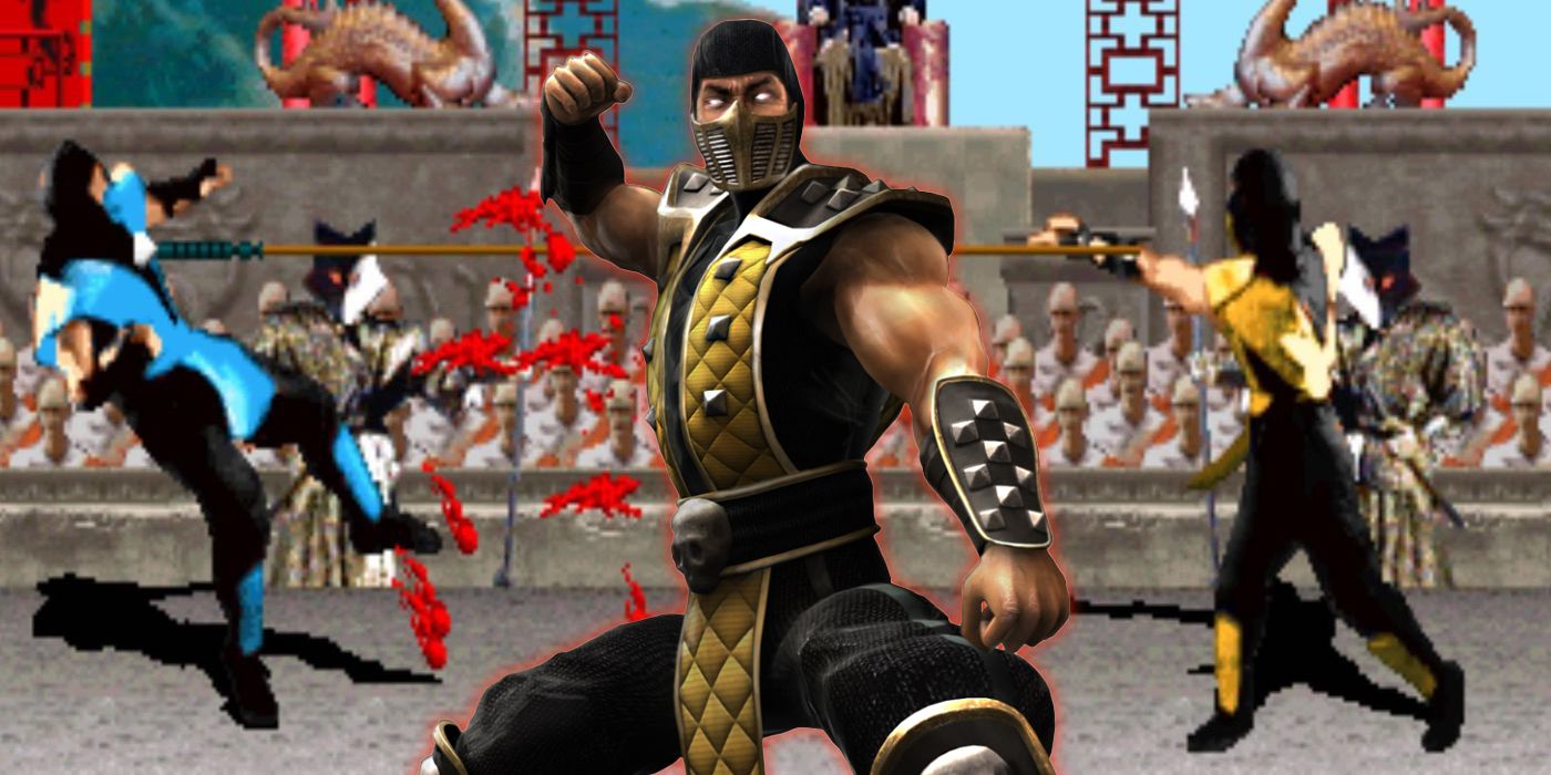 Scorpion image over Mortal Kombat gameplay of Scorpion fighting Sub-Zero