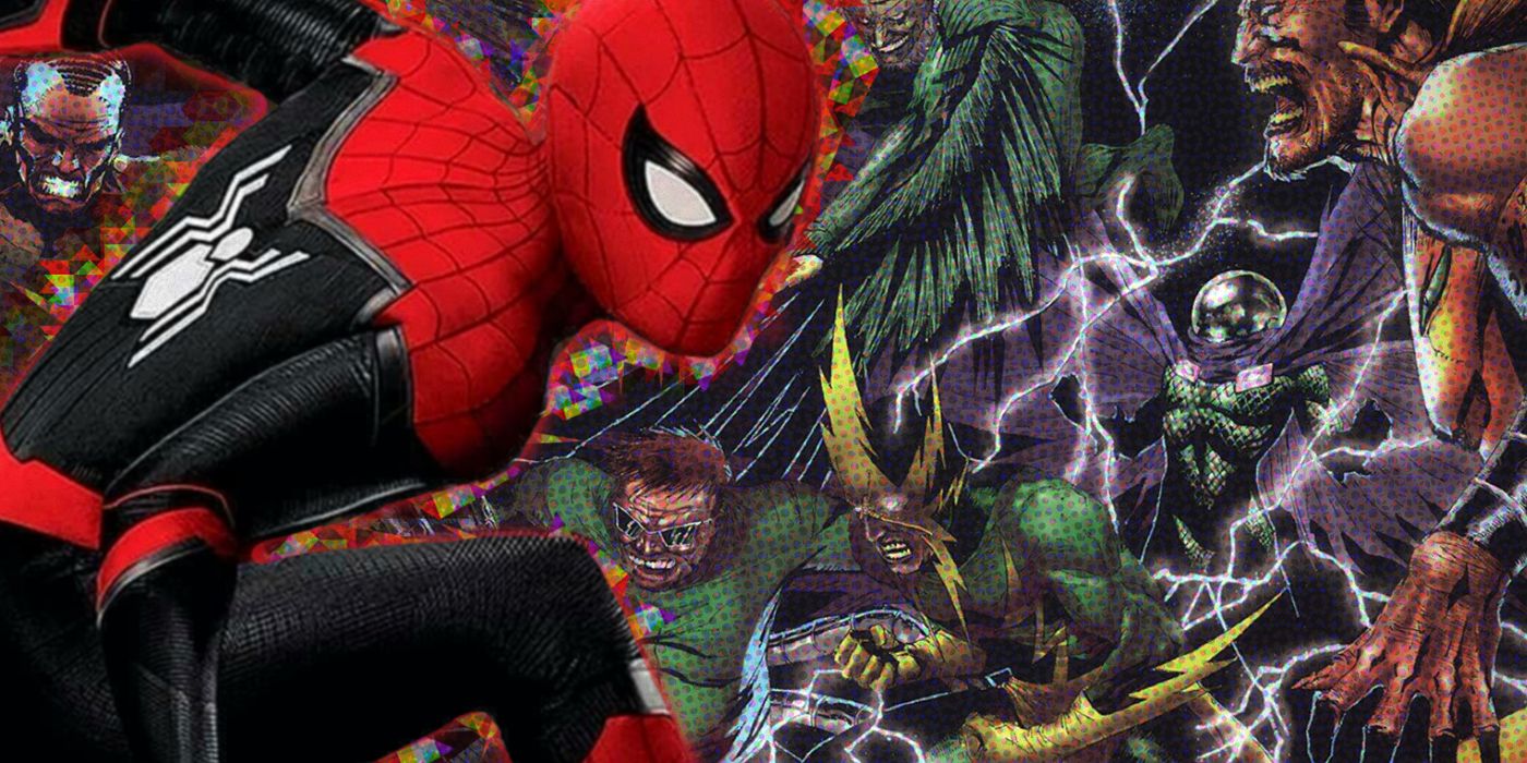 Spider-Man over comic image of Sinister Six