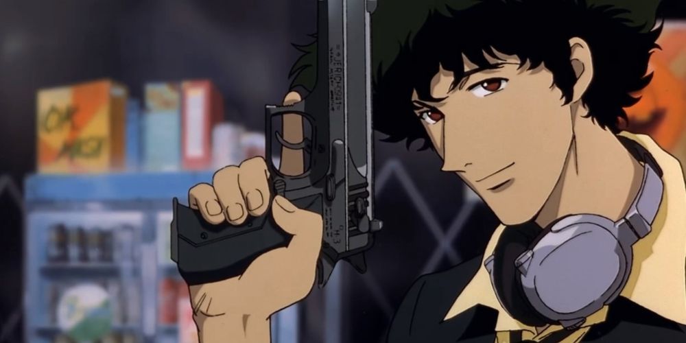 Spike Spiegel smiling with a gun from Cowboy Bebop