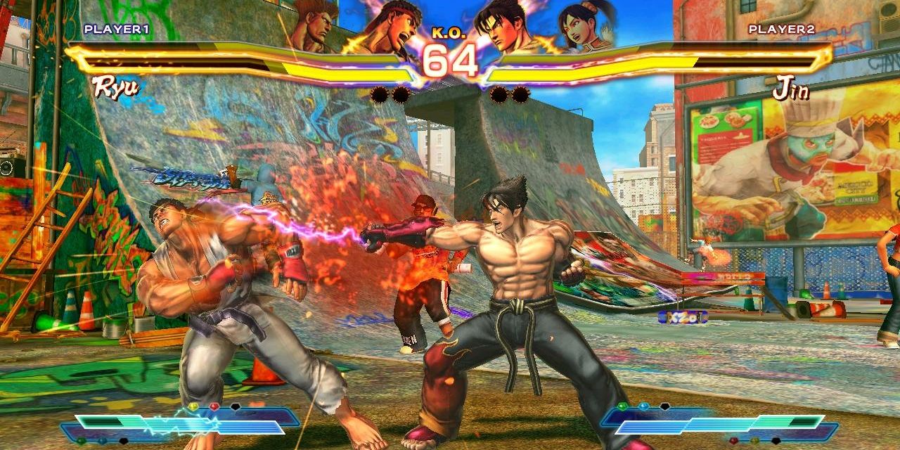 Ryu (with Guile) and Jin (with Xiaoyu) fight in Street Fighter X Tekken