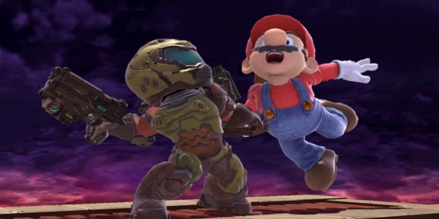 A Mii In The Doom Guy Costume Attacks Mario In Super Smash Bros. Ultimate