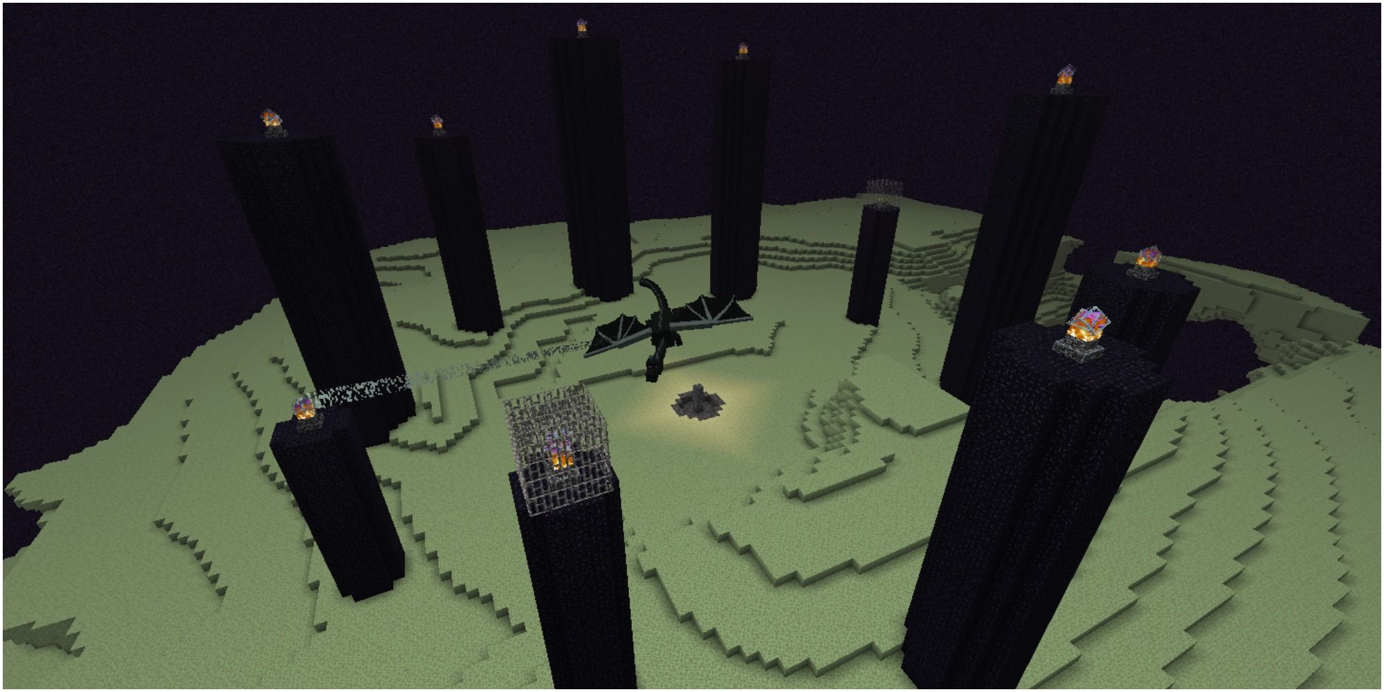 a screenshot from the end with a dragon and multiple tall towers