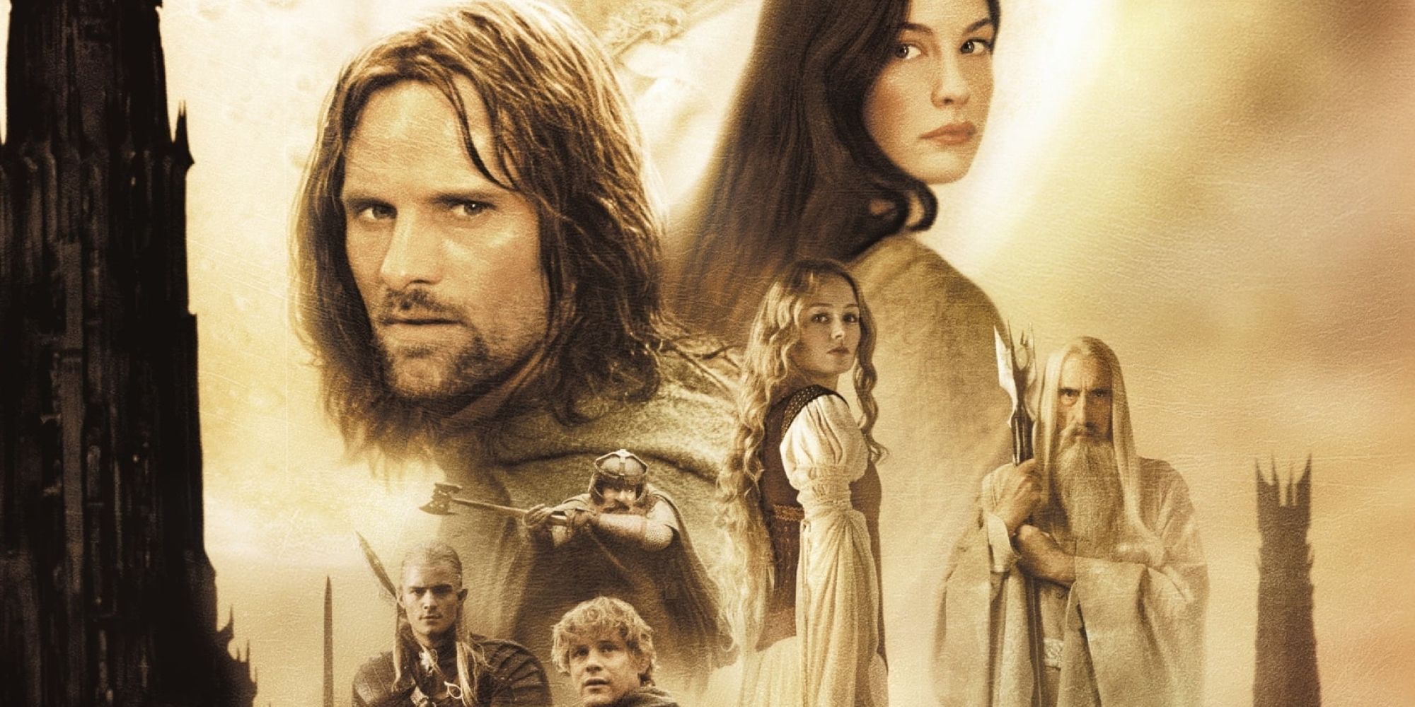 A close-up of Lord of the Ring's The Two Towers poster, which includes Aragorn and Arwen