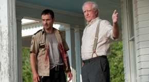 Hershel Greene (Scott Wilson) and Rick Grimes (Andrew Lincoln) at Hershel's farm on The Walking Dead.