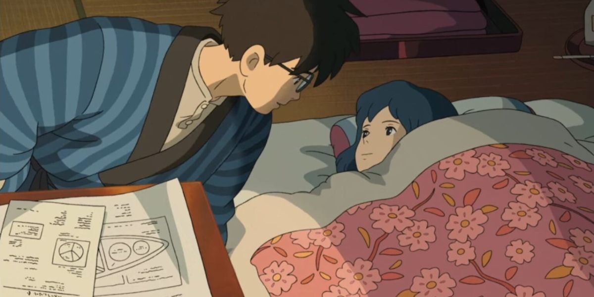Jiro and his wife Nahoko talk in bed in The Wind Rises.