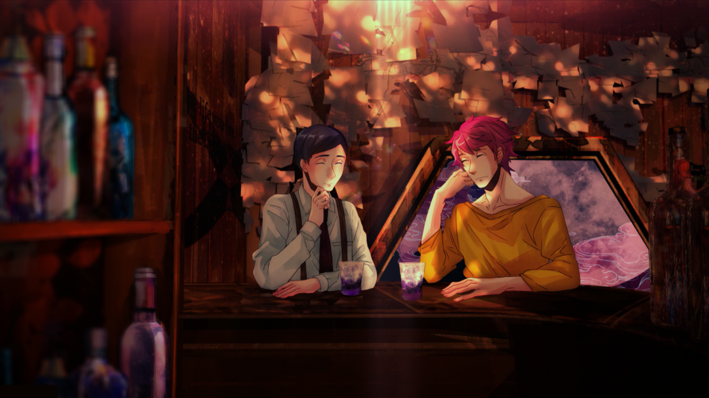 Kashima and Utsumi sitting at a bar in This Boy is a Professional Wizard.