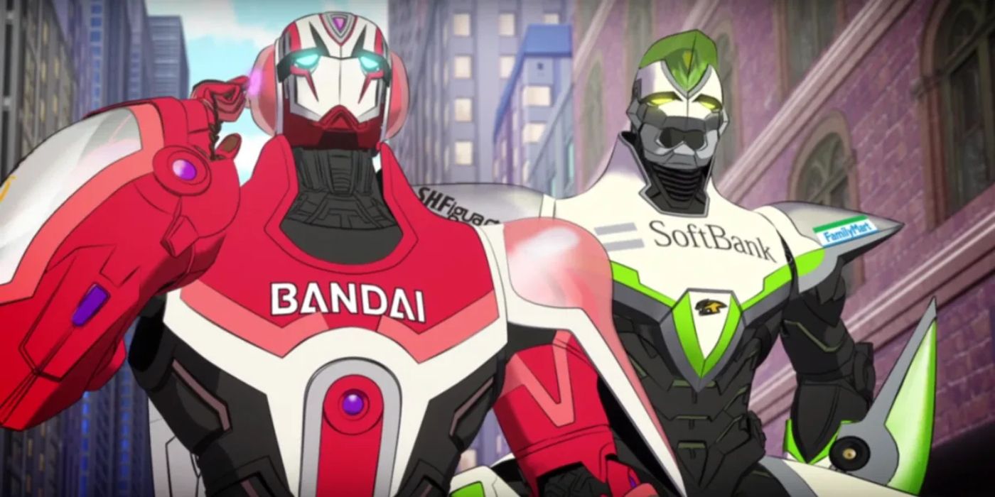 An image of two heroes sponsored by Bandai and SoftBank in the Tiger & Bunny anime