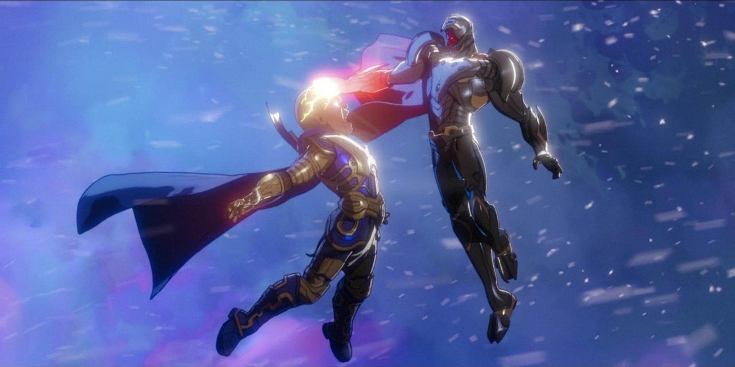 Infinity Ultron defeating the Watcher in What If...?