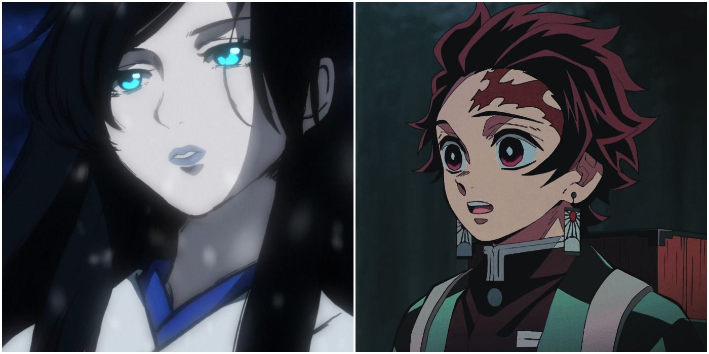 Yuki with glowing eyes (left); Tanjiro gasping (right)