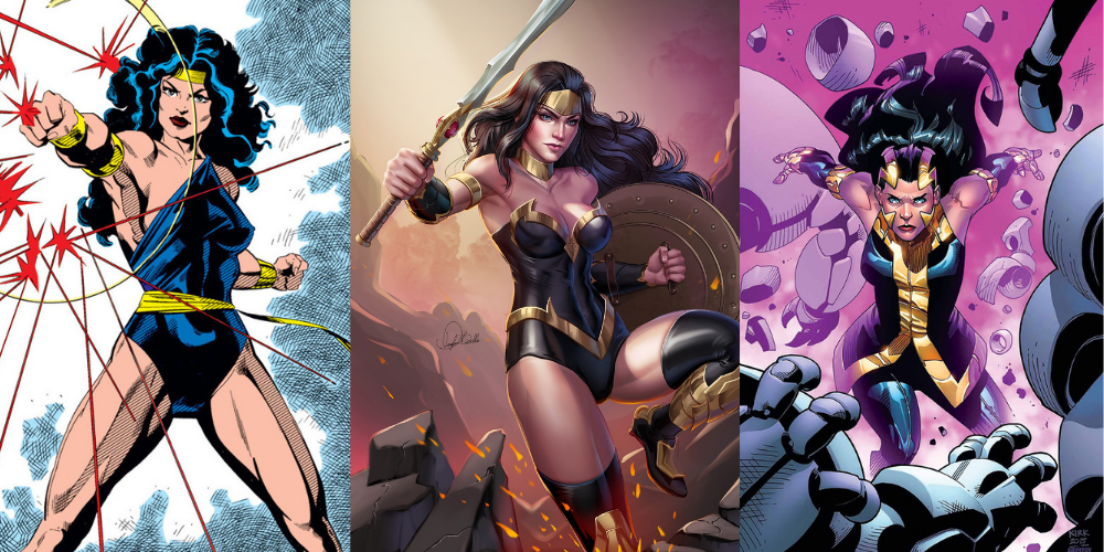 3 side by side images of Princess Zarda in Marvel Comics who has similarities to Wonder Woman in DC Comics
