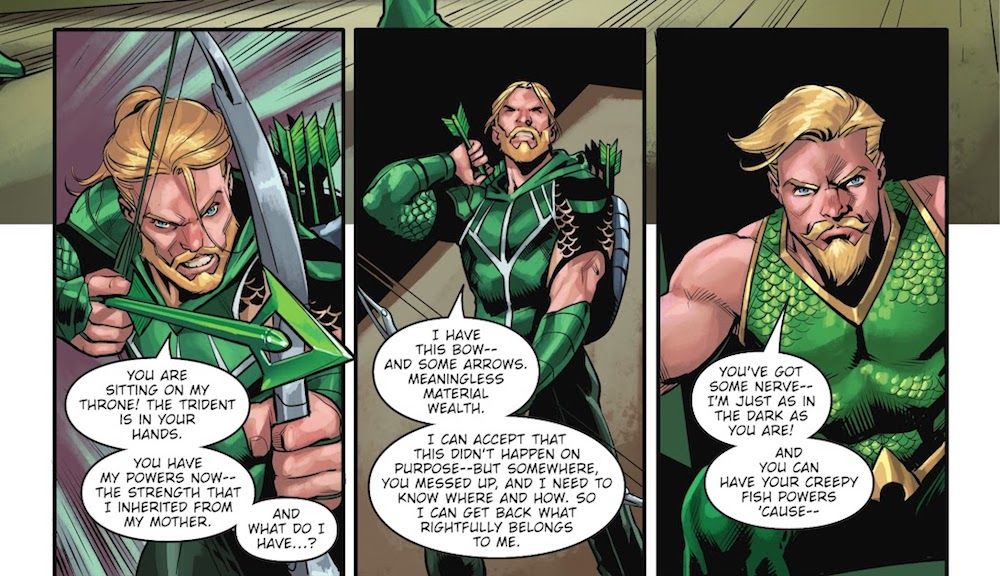 Aquaman disses Green Arrow's bow and arrow, and wealth in Deep Target