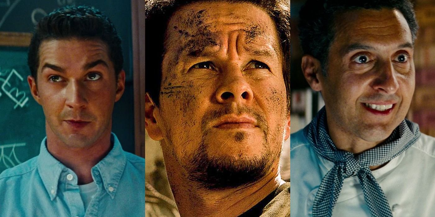 A combined image featuring three of the main characters from the Transformers films, including Shia LaBeouf's Sam Witwicky on the left, Mark Wahlberg's Cade Yeager in the middle, and John Turturro's Seymour Simmons on the right.