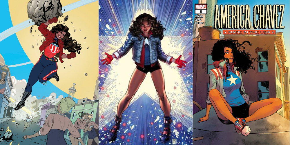 split image of America Chavez in Marvel Comics