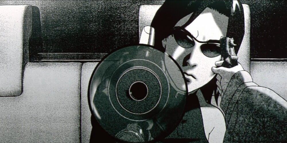 Trinity pointing a gun in 'A Detective Story' the Animatrix