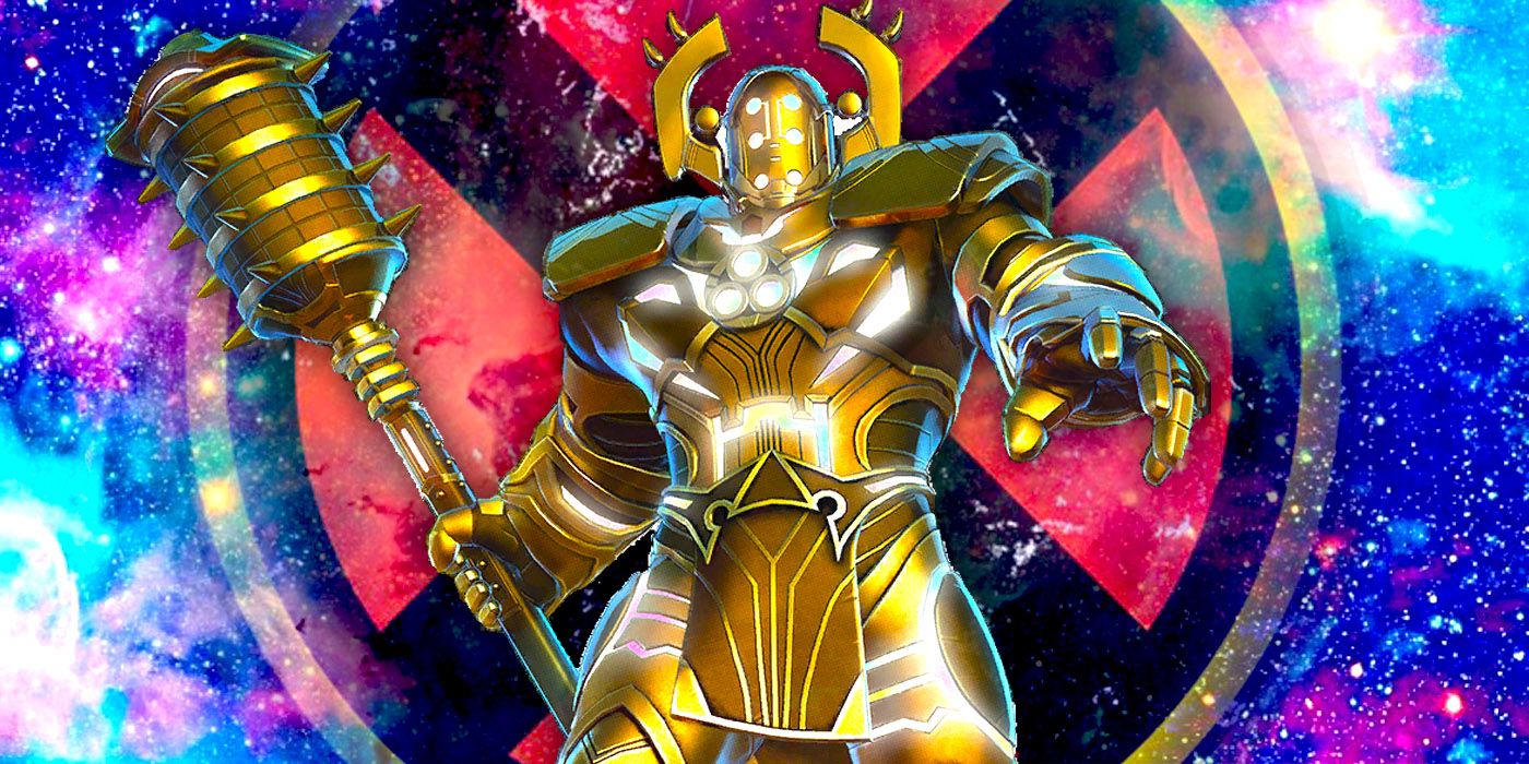 A Marvel Celestial Standing in front of a Galaxy and an X-Men Symbol