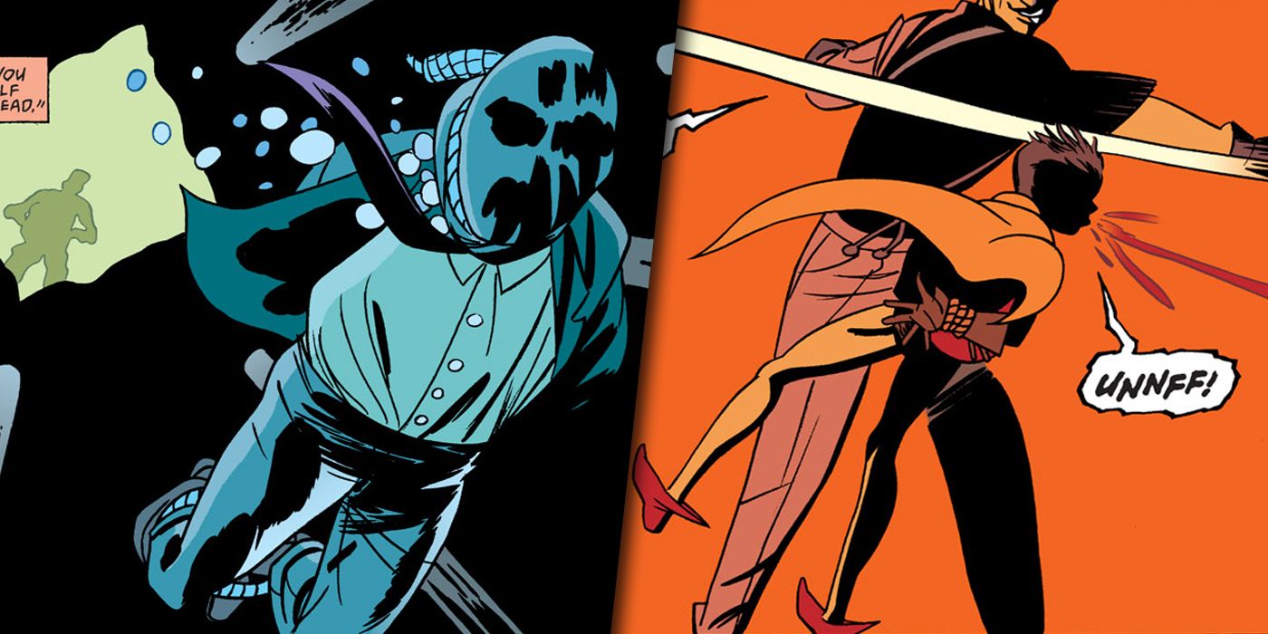 A masked man drowns and Robin is beaten by Two-Face split image