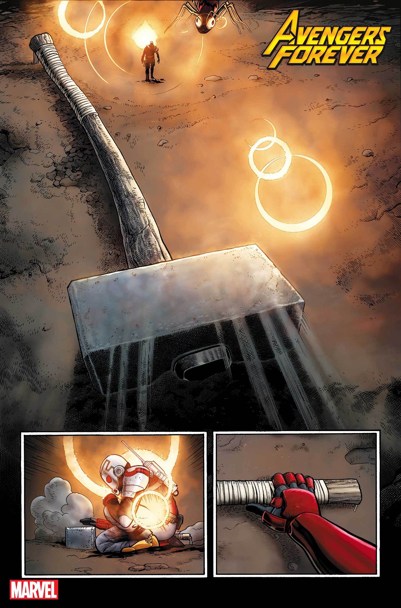 Ant-Man comes across Thor's hammer and reaches to lift it.