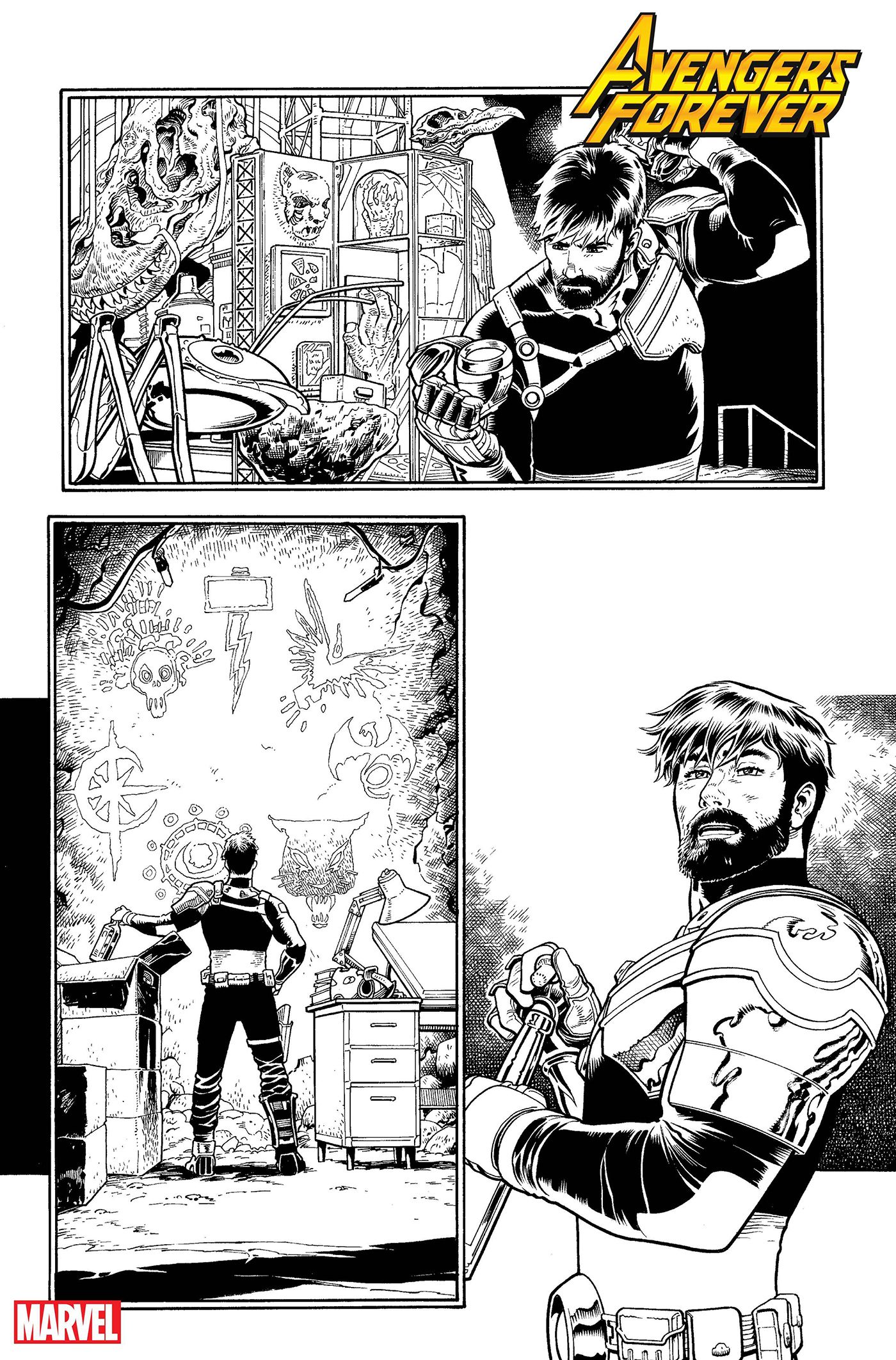Black and white art show Tony Stark as the Invincible Ant-Man.