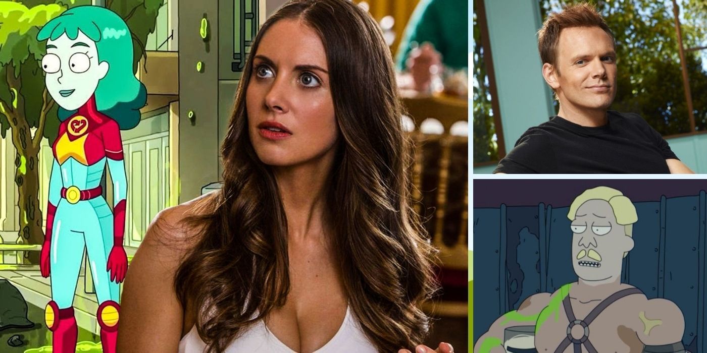 Alison Brie and Joel McHale from Community next to their Rick &amp; Morty characters Planetina and Hemorrhage