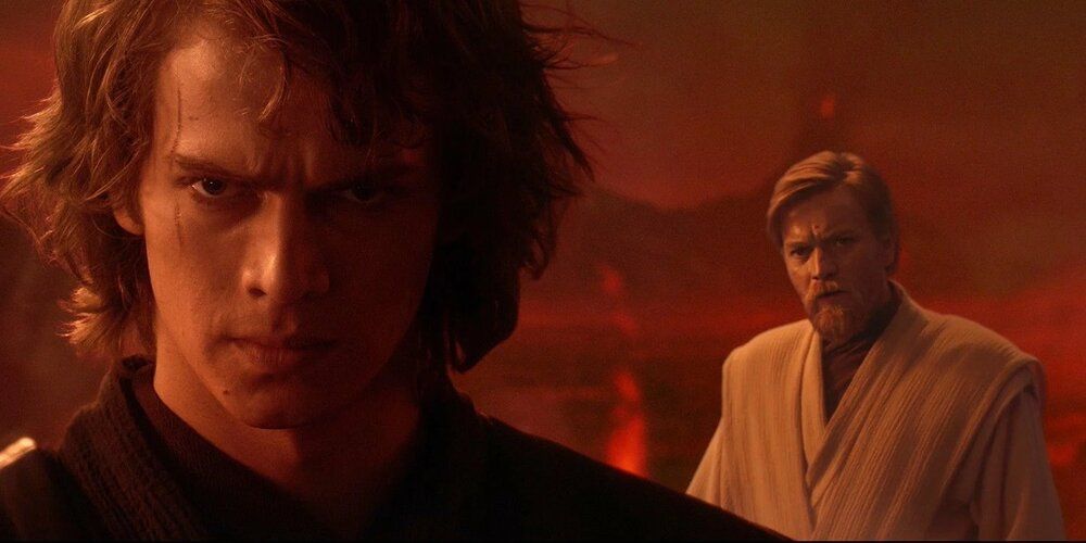 Anakin promete trazer paz à galáxia enquanto discute com Obi-Wan em Mustafar.