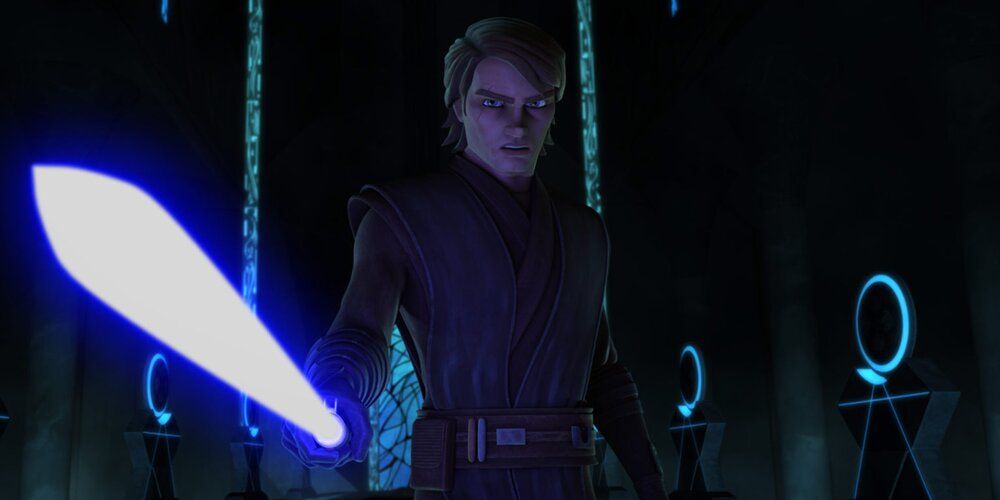 Anakin Skywalker pointing his lightsaber threateningly Star Wars