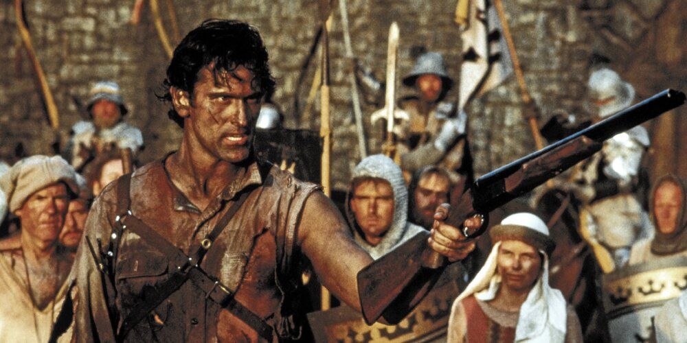 Ash Williams with his boomstick in front of knights in Army of Darkness