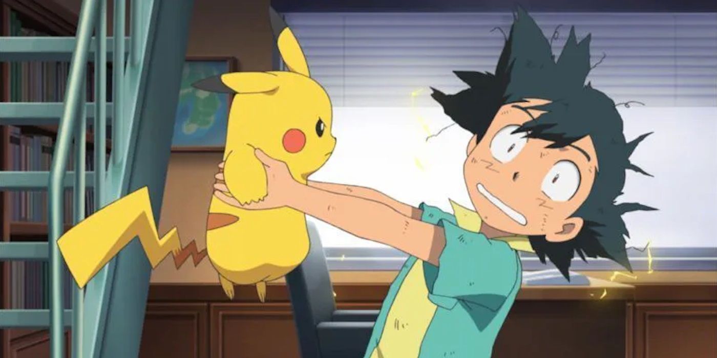 Ash getting shocked by Pikachu