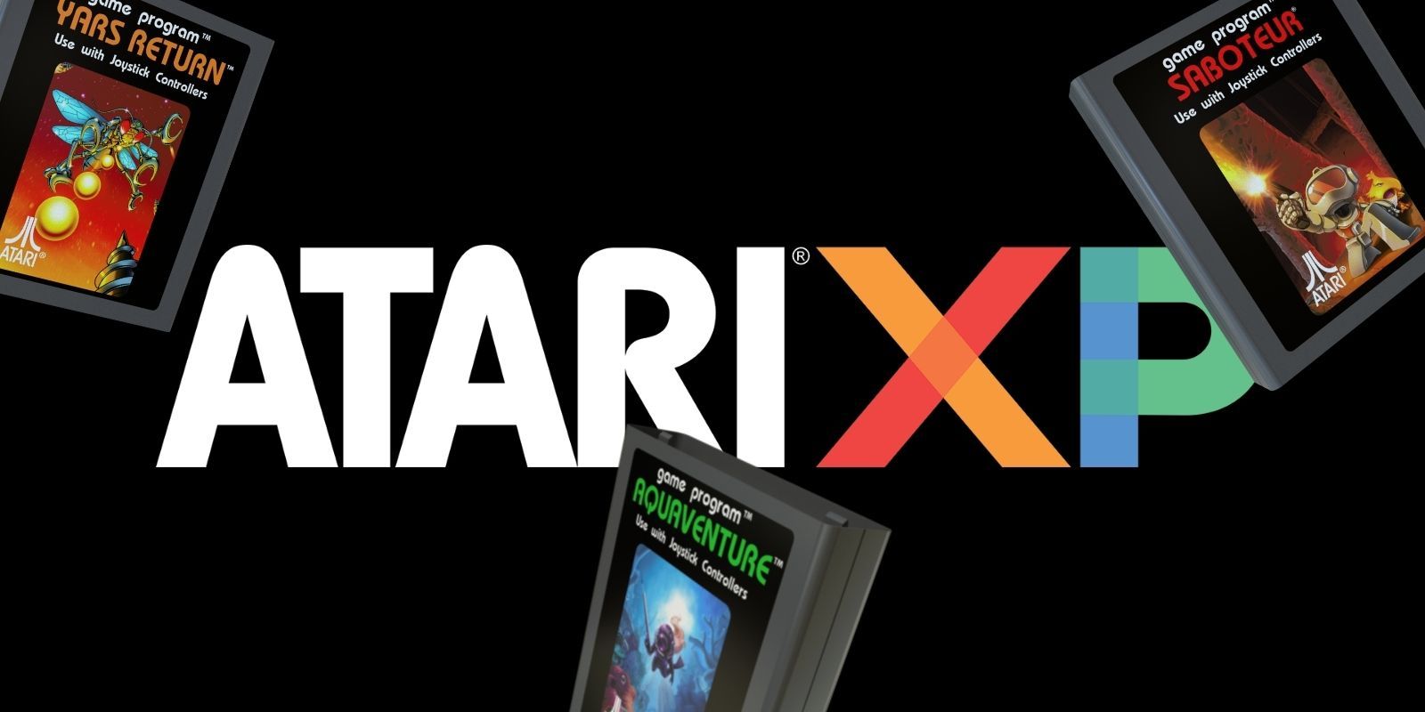 The Atari XP logo surrounded by cartridges of Yar's Return, Aquaventure and Saboteur